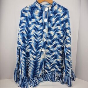 Vtg 70s 80s Crochet Poncho Blue White Chevron Fringe Handmade‎ Boho Hippie Cape
